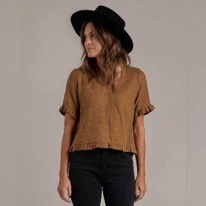 Rylee and Cru Rory V-Neck Ruffle Short Sleeve Gauze Top in Rust Size Small NEW